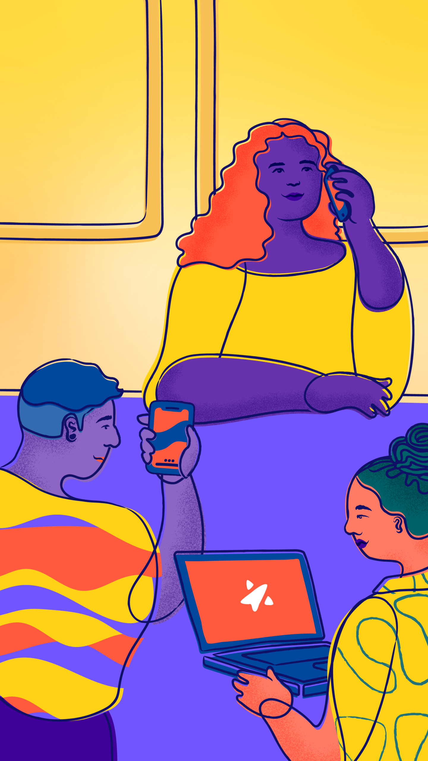 Three young people sit at a table. One person is talking on the phone, one is on Trevor's website, and one is texting.