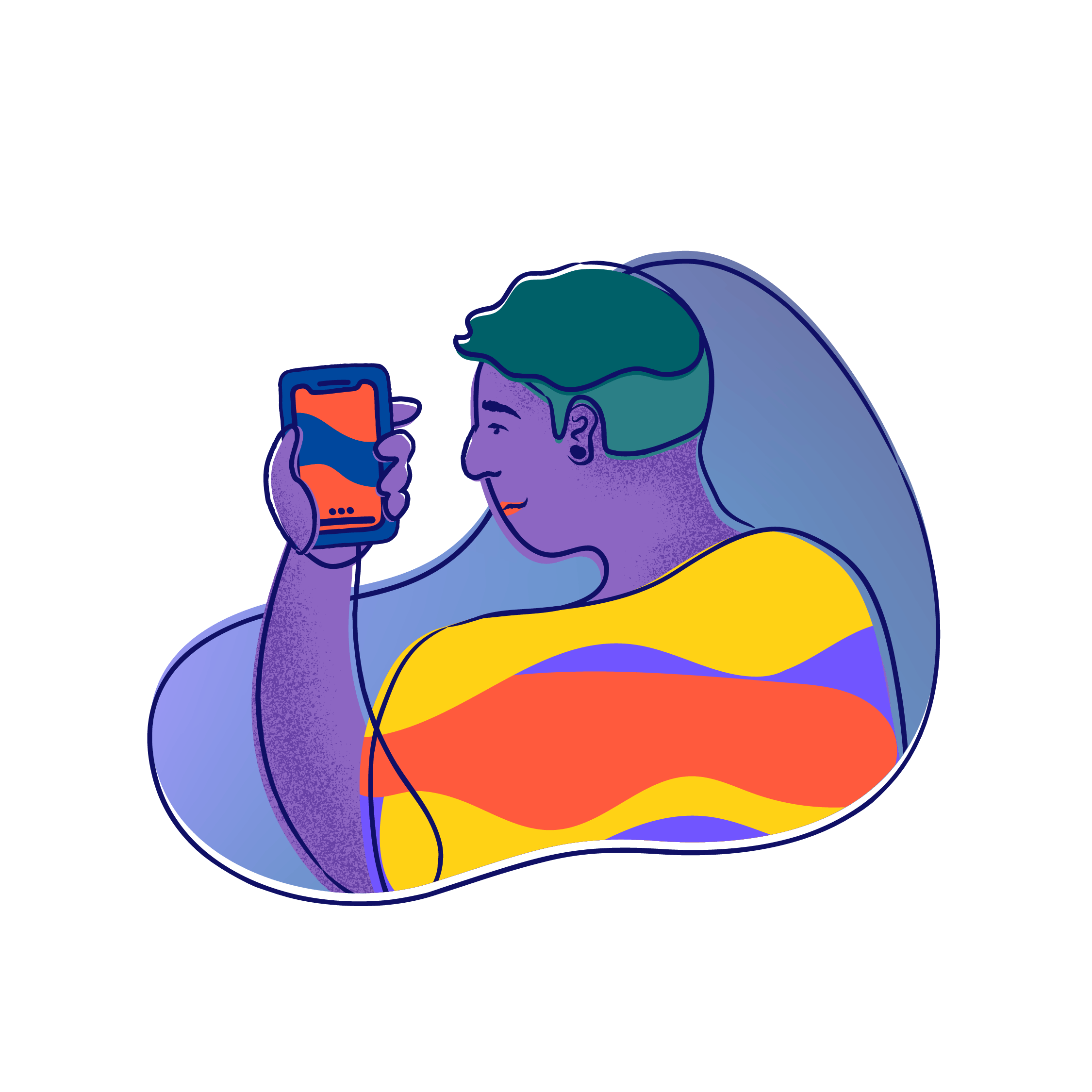A young person in a birghtly colored shirt looks at their phone