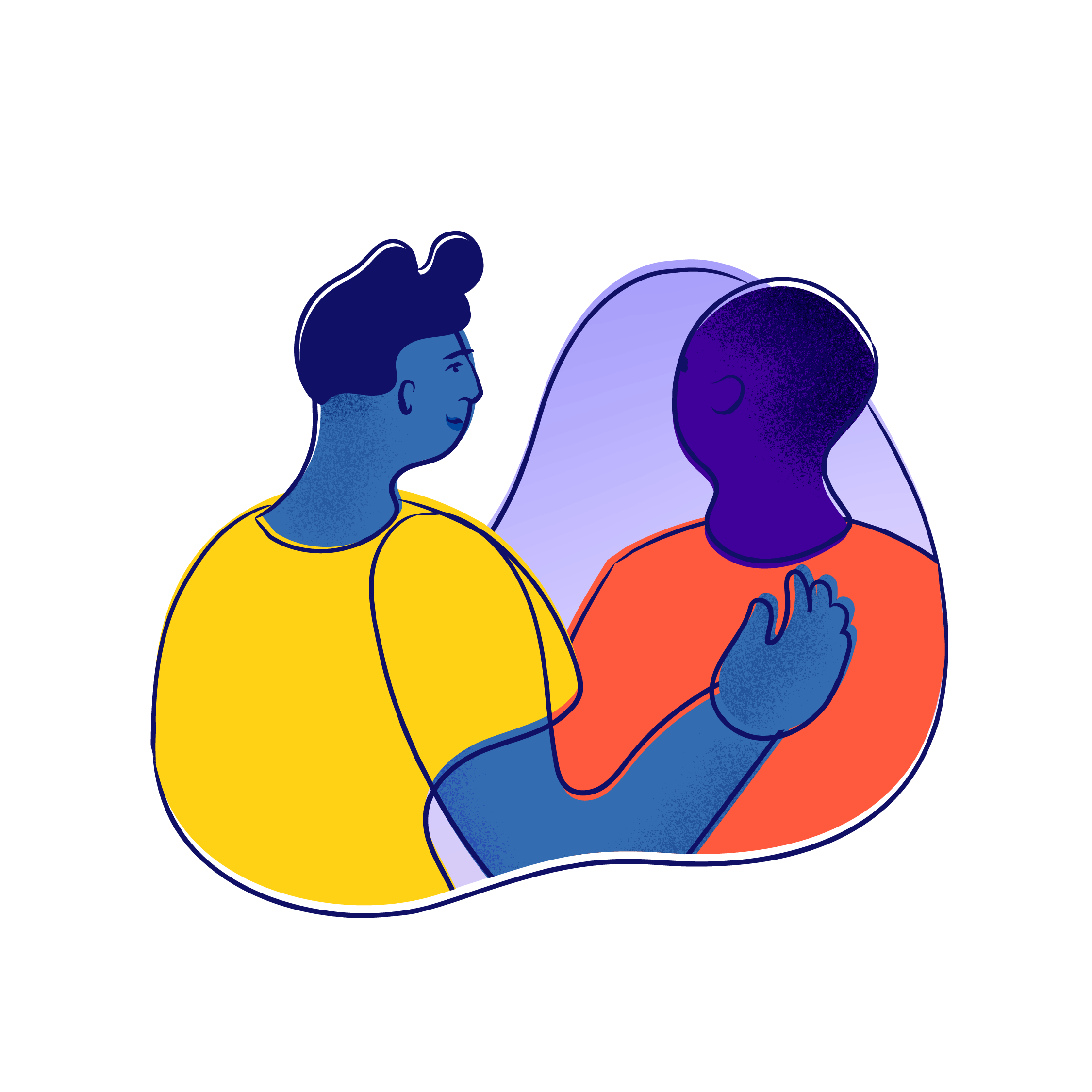 Two young people put arms on each other's shoulders.