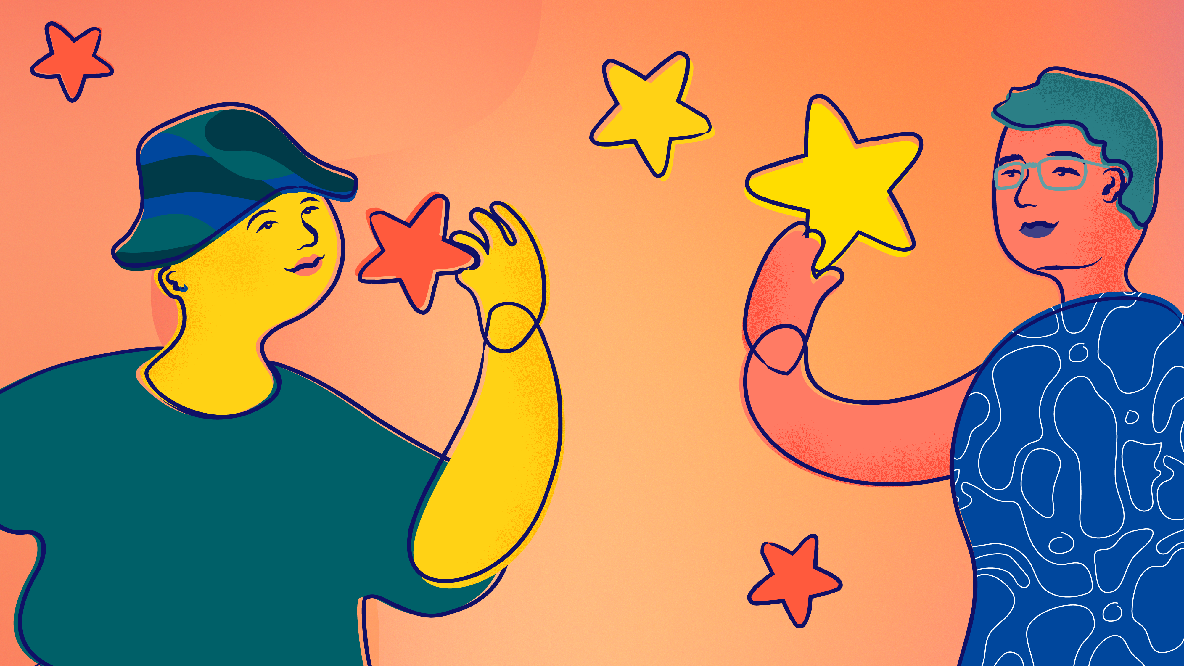 Two young people smile and hold stars falling from the sky