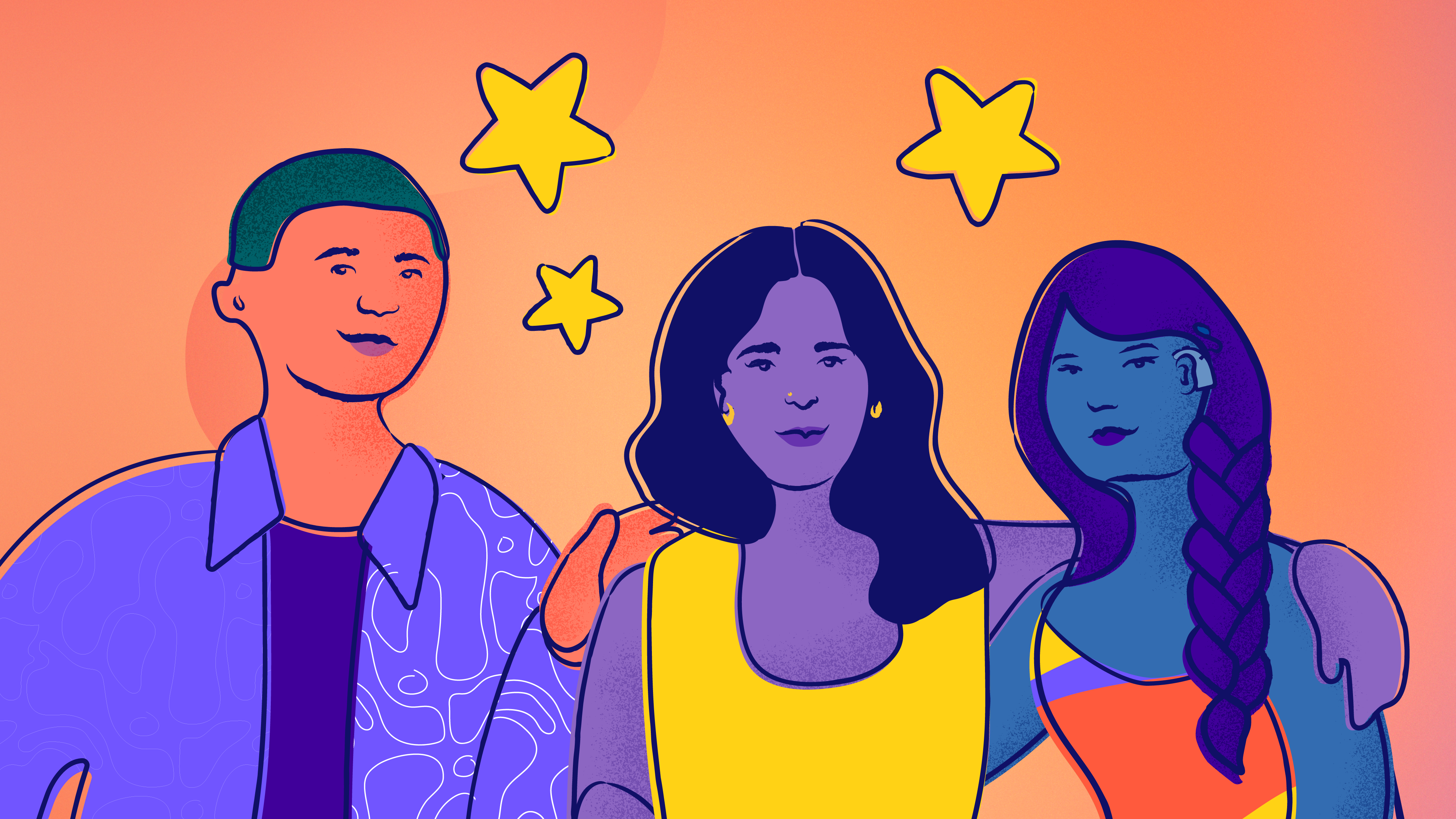 Three young people stand and smile.